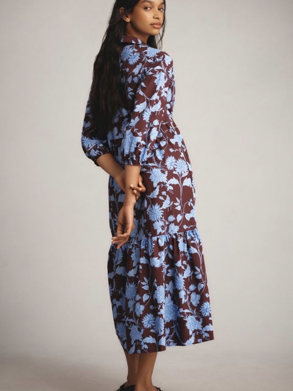 Maeve Anthropologie Bettina Brown Blue Floral Dress Size L - Picture 8 of 8